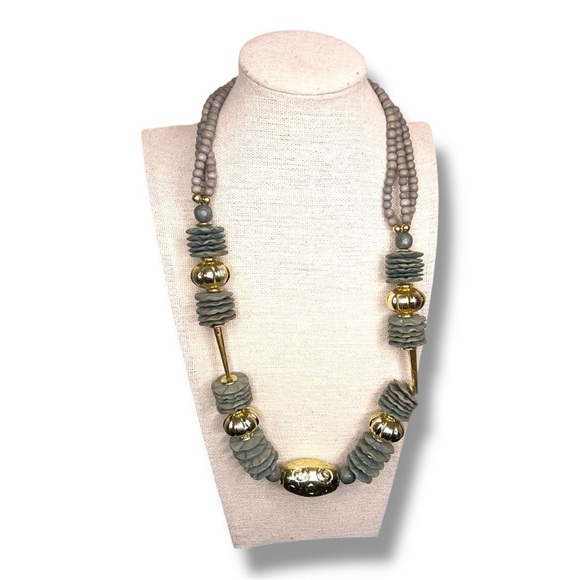 Vintage Beaded Necklace Gold Olive Grey Tribal Textured Boho Bohemian Chunky - Picture 1 of 10